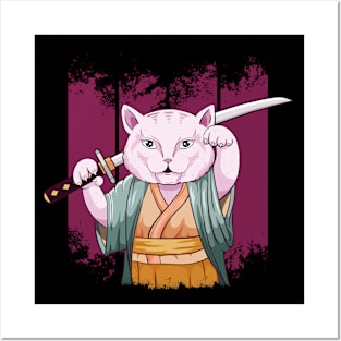 Japanese Samurai Maneki Neko Cat Katana Aesthetic Posters and Art